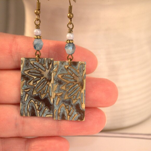 Brass Hand Embossed Earrings Blue Czech Glass Earrings Patina Brass Earrings - Picture 8 of 9